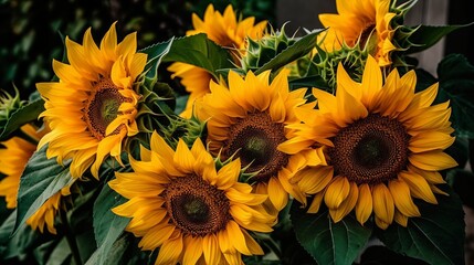 A cluster of vibrant yellow sunflowers with green leaves. AI generated