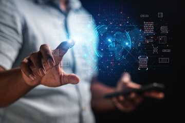 Businessman showing artificial intelligence (AI) brain function in futuristic business and cryptographic software development on internet.
