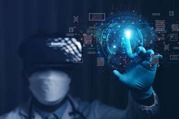 Doctor showing artificial intelligence (AI) brain function in futuristic business and DNA encrypted technology virus development