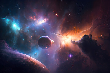 Obraz premium Planet on cosmic background, featuring stars, galaxies, and nebulas, Generative AI