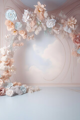flower arch, light room luxury, pastel colors, light festive background