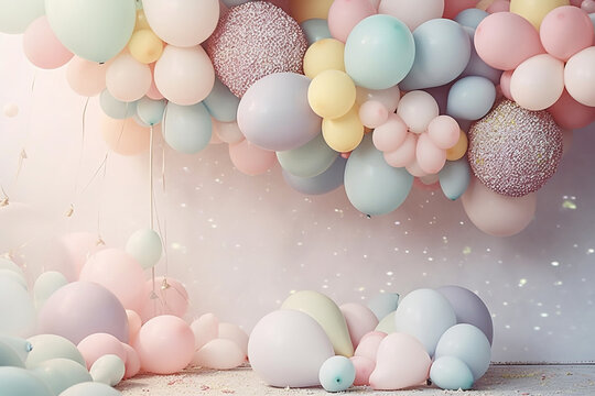 girl's birthday, birthday balloons background, first cake party, pastel colors, cake smash party