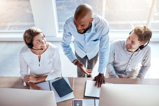 Call Center Employees In Customer Service Training, Help And Business People Working Together With Support. Contact Us, CRM And Coworking Top View With Teaching And Learning, Coaching And Team Leader