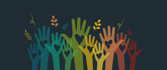 Raised hands. Volunteering, teamwork concert.