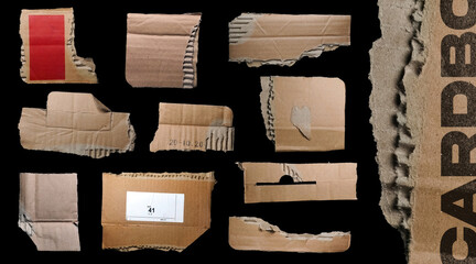 torn cardboard pieces texture collection isolated on black background - obrazy, fototapety, plakaty