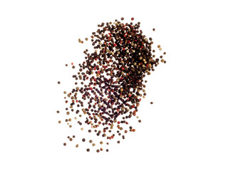 Black Pepper seeds fall down pour in group, Black Pepper float explode, abstract cloud fly. Black Peppercorn splash throwing in Air. White background Isolated high speed shutter, freeze motion.