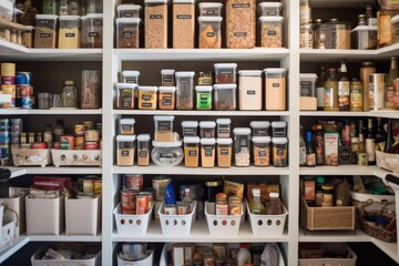 wide-angle shot of fully stocked and organized kitchen pantry, with different food items and their labels visible, created with generative ai - 594547161