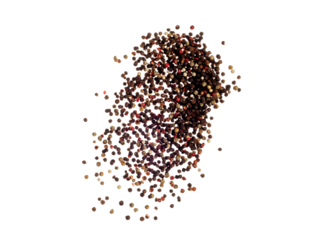 Black Pepper seeds fall down pour in group, Black Pepper float explode, abstract cloud fly. Black Peppercorn splash throwing in Air. White background Isolated high speed shutter, freeze motion.