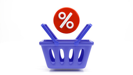 Shopping Basket with Price Tag and Percent on white background, Online shopping icon, 3D Rendering