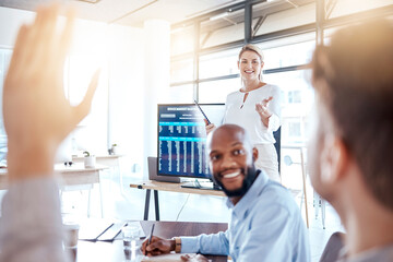 Fototapeta premium Business people, presentation and meeting with question for idea strategy or team collaboration at office. Woman coaching staff with raised hand for teamwork or brainstorming interaction at workplace