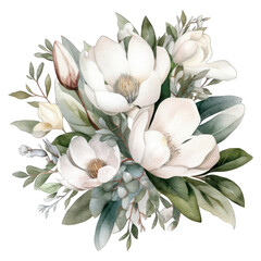 Watercolor drawing of a Magnolia with leaves. Botanical illustration. White color floral bouquet.