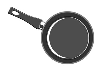 Black frying pan over white background.egg in a pan on a white background.