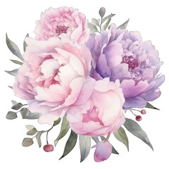 Watercolor drawing of a Peony with leaves. Botanical illustration. Pastel color floral bouquet.