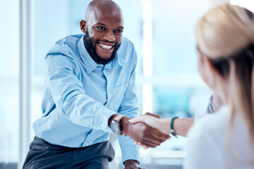 Business people, smile and handshake for partnership, deal or collaboration. Welcome, happy and...