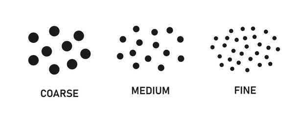 Coffee grain grind size. Ground coffee beans. Fine, medium, coarse grinding degree icons. Vector illustration isolated on white background.