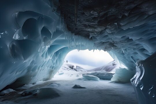frozen cavern, with view of distant landscape visible through the ice, created with generative ai © primopiano