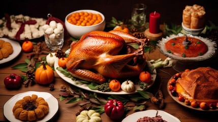 Country Thanksgiving Dinner. Roast Turkey. Generative AI