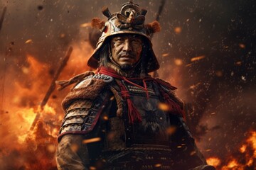 Fototapeta premium Samurai fire war. Generate Ai