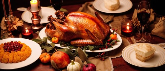 Fototapeta na wymiar Country Thanksgiving Dinner. Roast Turkey. Generative AI