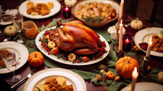 Country Thanksgiving Dinner. Roast Turkey. Generative AI