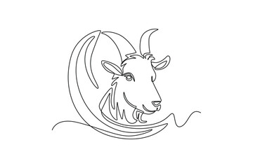 Single one line drawing Crescent moon and goat head. Happy Eid Al Adha. Continuous line draw design graphic vector illustration.