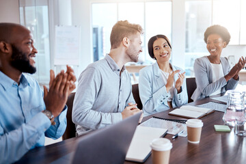 Support, happy or business people clapping in meeting for success, company onboarding or promotion....