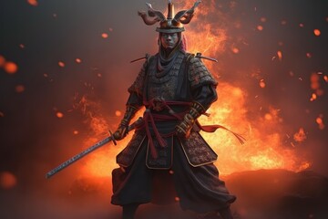 Samurai with katana flames. Generate Ai