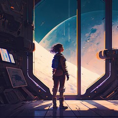 a woman standing at the eage of gigantic space station, alone lofi girl Generative AI	
