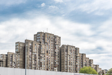 Fototapeta na wymiar 18. April 2023. New Belgrade, Serbia. New Belgrade View with socialistic architecture in brutalism style of construction. Building in the residential part of Belgrade, Serbia. Editorial image.