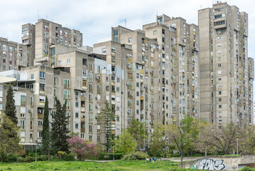 18. April 2023. New Belgrade, Serbia. New Belgrade View with socialistic architecture in brutalism style of construction. Building in the residential part of Belgrade, Serbia. Editorial image.