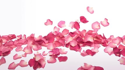 Rose flower petals, Flowers composition on white background. Valentine's Day, Mother's Day concept. Flat lay, top view, copy space