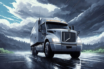 A truck driving down the road. Landscape with forest in the background, cloudy sky, painted style. Generative AI.