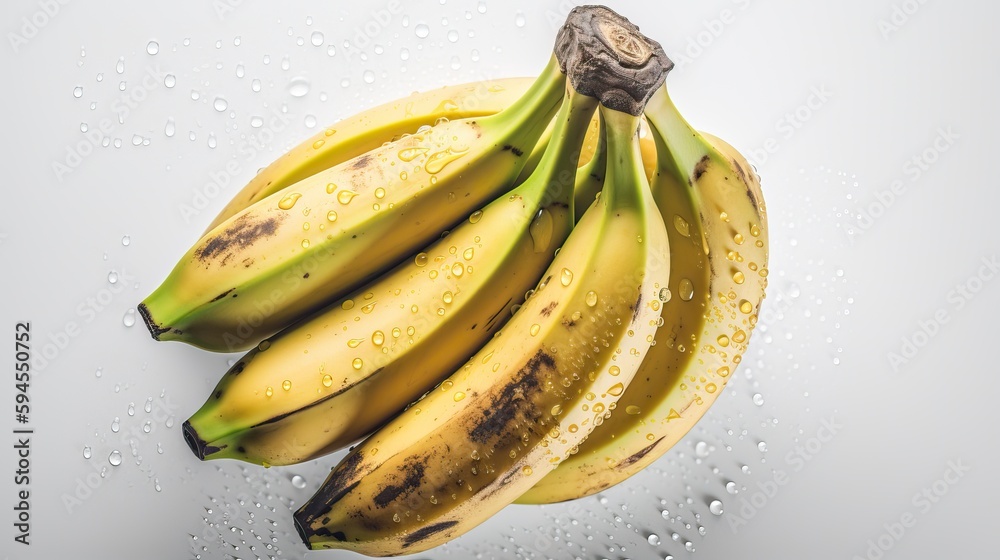 Wall mural spotted banana on white background with water drops on a white background, top view