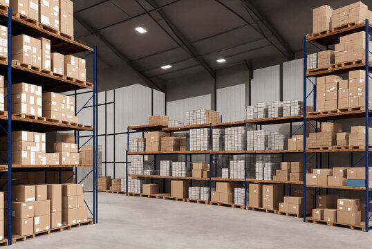 Industrial warehouse, racks with boxes. Generative AI.