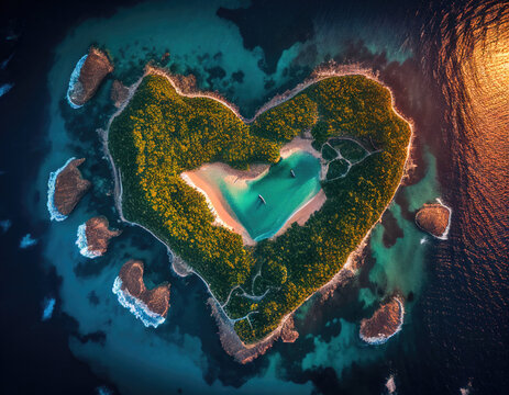 Caribbean Island in the Shape of a Love Heart. Sunset Aerial Perspective, Travel Concept. Generative AI.