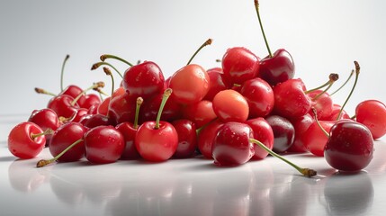 Obraz na płótnie Canvas Fresh ripe cherry on white background with water drops on a white background, top view