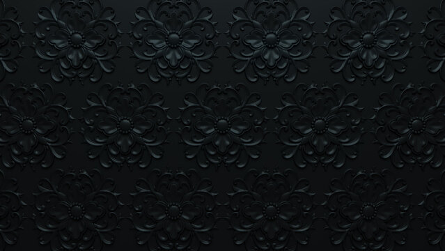 Intricate Dark Decorative Pattern Wallpaper. Black 3D Rosette Background.