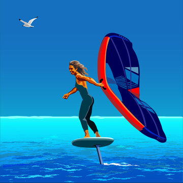 Young Girl on Wing Foil surf in open ocean 
