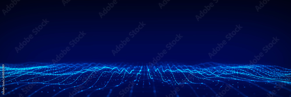 Poster 3D digital dynamic wave. Flow digital structure. Secure cybersecurity data connection. Cyber technology background. 3D rendering.