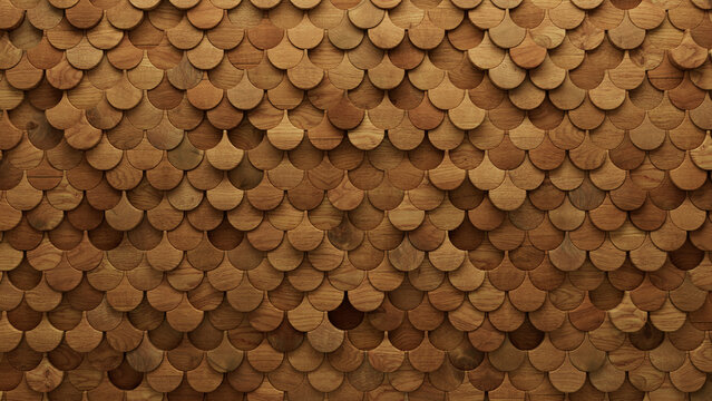 Wood Tiles arranged to create a 3D wall. Natural, Timber Background formed from Fish Scale blocks. 3D Render
