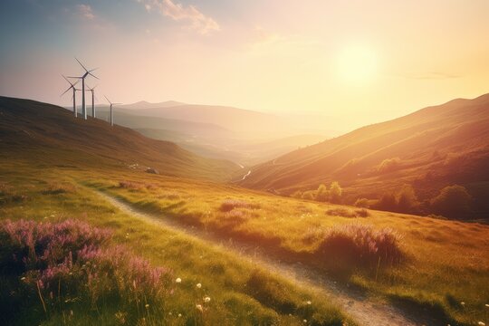 Wind turbines field. Generate Ai