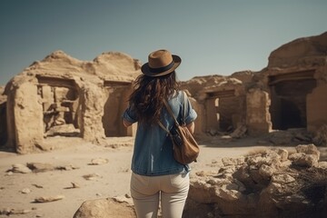 Woman explores ruins. Generate Ai