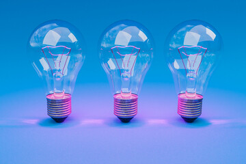 three retro style lightbulbs with glowing filament standing in a row on infinite colorful background; creativity design concept; 3D Illustration