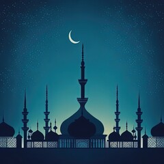 A vector illustration of a mosque with a crescent moon in the background.