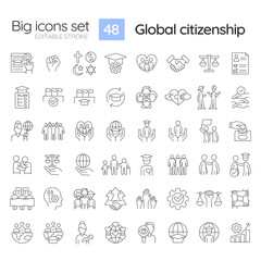 Global citizenship linear icons set. Sustainable development. Peaceful planet. GCED issues. Common humanity. Customizable thin line symbols. Isolated vector outline illustrations. Editable stroke