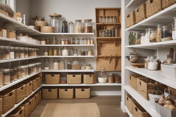 a pantry with shelves, bins, and containers for keeping food items organized, created with generative ai
