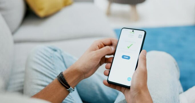 Man, hands and phone browsing food menu in delivery app on sofa for ecommerce or purchase at home. Hand of hungry male checking online restaurant website on mobile smartphone for order or transaction