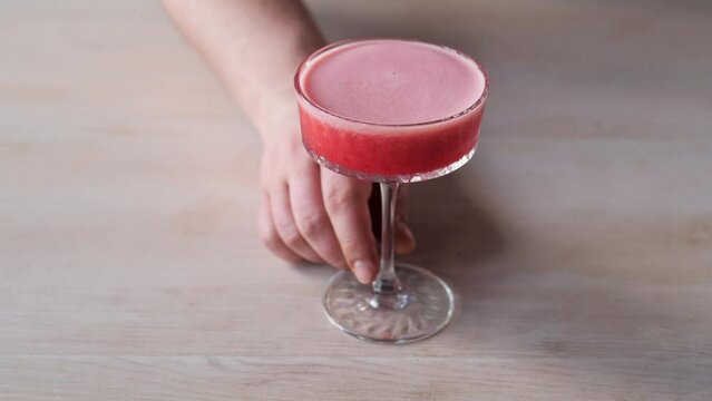 Cocktail has a creamy, silky texture, somewhat similar to a liqueur. Strength of vodka is skillfully hidden behind raspberry notes. Feel a light lemon acidity and the sweetness of pineapple.