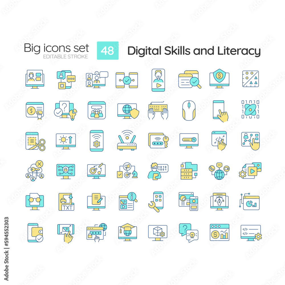 Poster Digital skills and literacy RGB color icons set. Computer programming. Cyber citizenship. Online safety. Isolated vector illustrations. Simple filled line drawings collection. Editable stroke