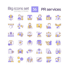 PR services RGB color icons set. Public relations. Social media. Marketing agency. Effective communication. Isolated vector illustrations. Simple filled line drawings collection. Editable stroke